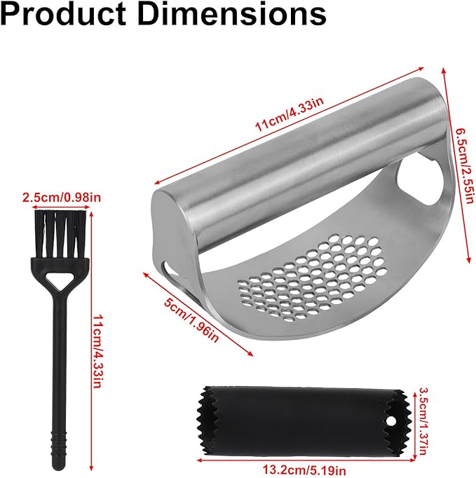 Stainless Steel Hand Garlic Rocker Presser Set, Garlic Press Smasher with Plastic Peeler Roller and Brush Ginger Crusher Mincer Cutter Supplies for Kitchen Dicer Chopper Grater Gadgets