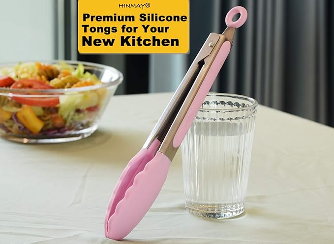 HINMAY Serving Tongs with Silicone Tips 9-Inch Food Tongs, Set of 3 (Pink)