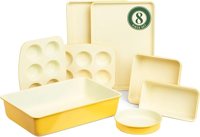 Larder & Vine 8-Piece Stackable Bakeware Set, Ceramic-Coated Nonstick Baking Pan Set, Non-Toxic, with Baking Sheets, Muffin Pan, Loaf Pan & Cake Pans, Limoncello