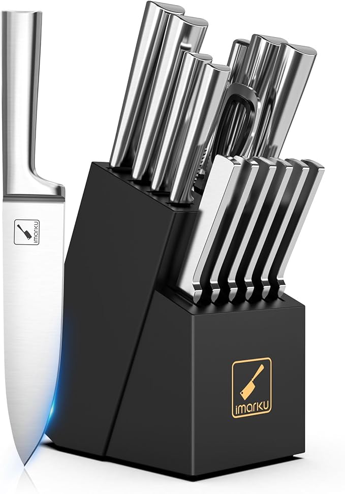 imarku Knife Set - 15PCS Kitchen Knife Set Japanese High Carbon Stainless Steel Knives Set for Kitchen, Dishwasher Safe Ultra Sharp Professional Chef Well Balance Utility Knives, Black