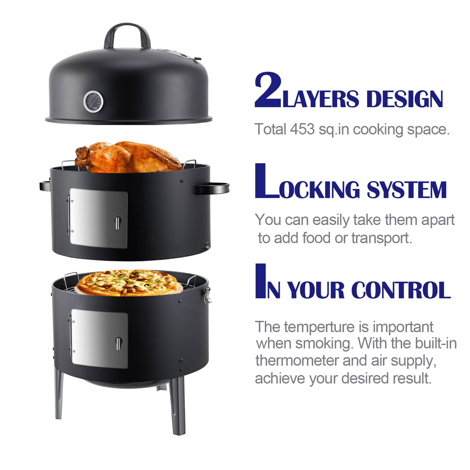 Realcook Charcoal Smoker BBQ Grill: Premium Vertical Meat Smokers with Smoke Tube - Barbecue Charcoal Grill Combo for Outdoor Cooking Patio Backyard Grilling Tailgating
