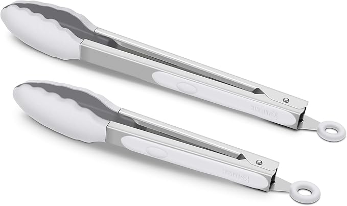 2 Pack Silicone Kitchen Tongs – 9" & 12" Set, Heat Resistant up to 500°F, Non‑Stick Cookware Safe, Wavy Silicone Tips, BPA Free, Locking Clip & Hanging Loop, Light Grey