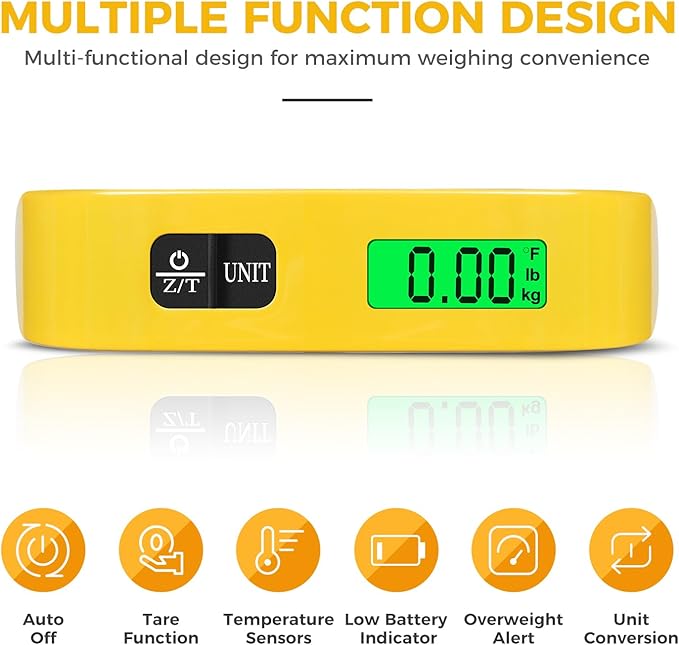 BAGAIL Digital Luggage Scale, 110lbs Hanging Baggage Scale with Backlit LCD Display,Portable Suitcase Weighing Scale,Travel Luggage Weight Scale with Hook,Strong Straps for Travelers(Yellow)
