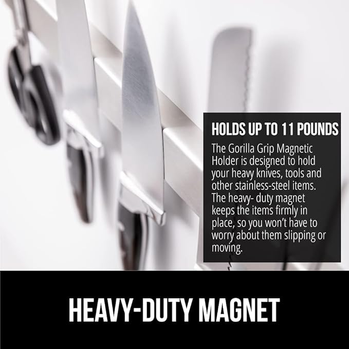 GORILLA GRIP 304 Stainless Steel Heavy Duty Magnetic Knife Holder, 18 Inch Strip, Secure Wall Mounted Bar for Knives, Tools, Holds Up to 6 lbs, Kitchen Organizer, Easy Installation, Screws Included