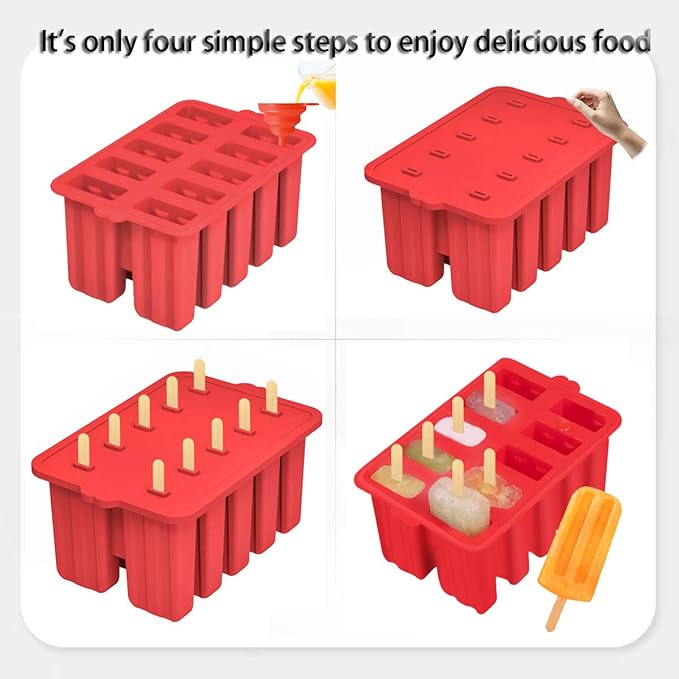 Silicone Popsicles Molds,10 Cavity Homemade Popsicle Molds DIY Ice Pop Molds for Kids & Adults Food Grade BPA-Free with Popsicle Maker Sticks Popsicles Bags A Funnel (Red)
