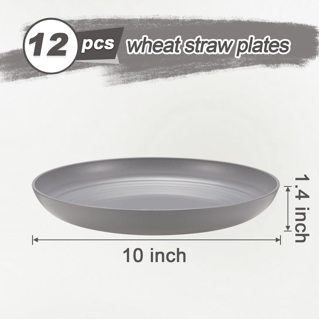 HEYCOME 12 Pcs Unbreakable Deep Dinner Plates Set, 10 inch Reusable Plastic Wheat Straw Plates, Microwave and Dishwasher Safe Plate for Kitchen, Lightweight Plate for Dessert, BPA Free, Gray