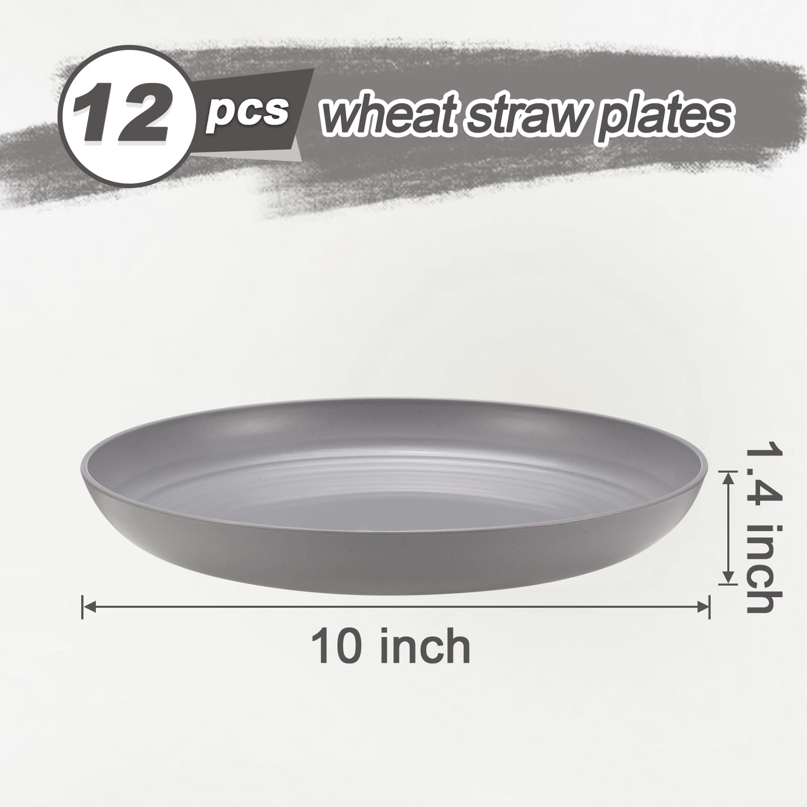 HEYCOME 12 Pcs Unbreakable Deep Dinner Plates Set, 10 inch Reusable Plastic Wheat Straw Plates, Microwave and Dishwasher Safe Plate for Kitchen, Lightweight Plate for Dessert, BPA Free, Gray