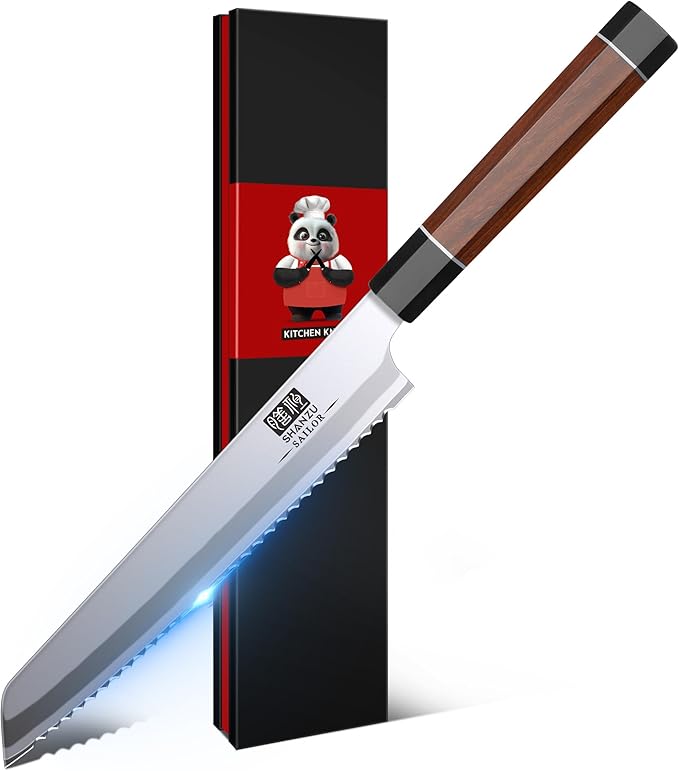 SHAN ZU 8 Inch Japanese Bread Knife, 9 Layers 10Cr15MoV High Carbon Steel