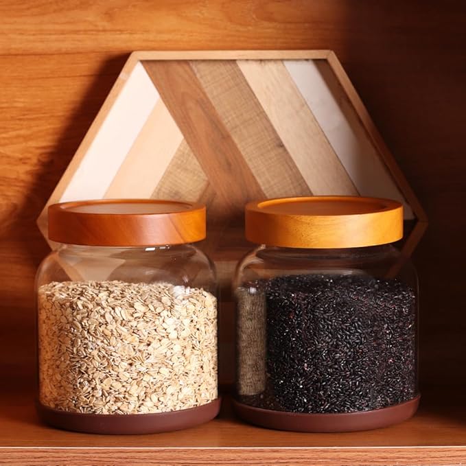 SAIOOL 2-Pack Striped Borosilicate Glass Airtight Canisters - Big mouth Large Capacity, Acacia Wood Lid, Food Storage Jars for Flour, Pasta, Pantry Organization (1/2 Gallon （Strew 2 pack）)