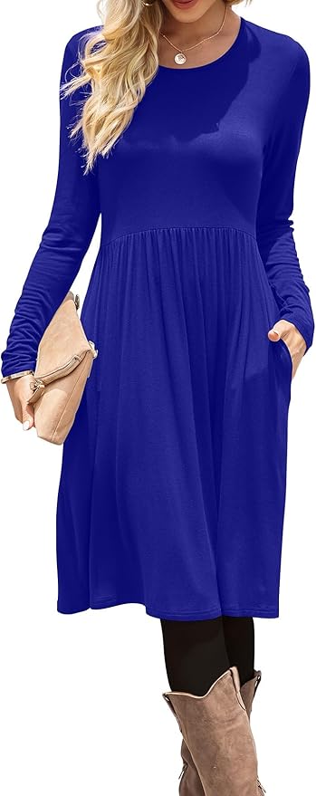 DB MOON Women Casual Long Sleeve Dresses Empire Waist Loose Dress with Pockets (Royal Blue, S)