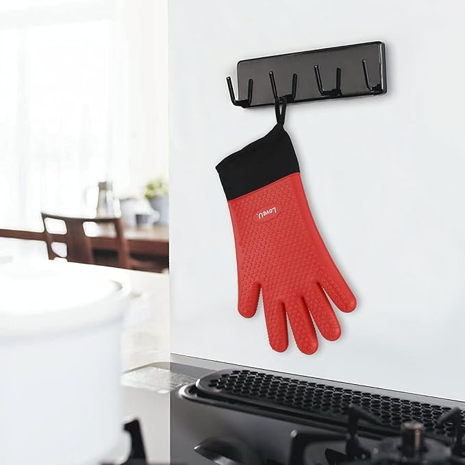 Loveuing Kitchen Oven Gloves - Dual-Layer Heat Resistant Grilling Gloves, Silicone Oven Mitts with 5 Fingers, Waterproof Non-Slip Pot Holder for Barbecue, Cooking, Baking (Red, Long)
