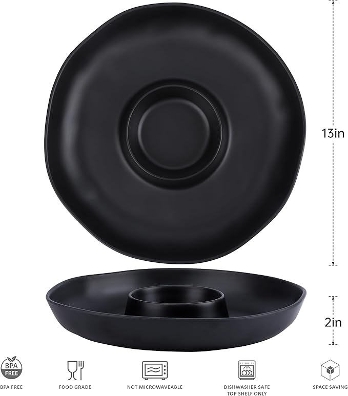 ZAROCRUS Chip & Dip Serving Set, 2 PCS Divided Cheeses Serving Platter, Relish Tray, Round Compartment Appetizer Set for Chips and Dip, Veggies, Candy and Snacks, Black, Set of 2