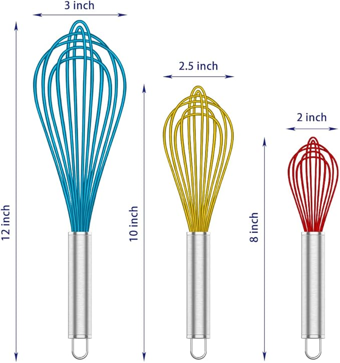 OYV Whisk,Sturdy Stainless Steel Wires Coated in Professional Silicone,3 Pack Whisks for Cooking,Mini Whisk,Colored Balloon Egg Beater for Blending,Whisking,Beating,Stirring,Cooking,Baking (Multi)