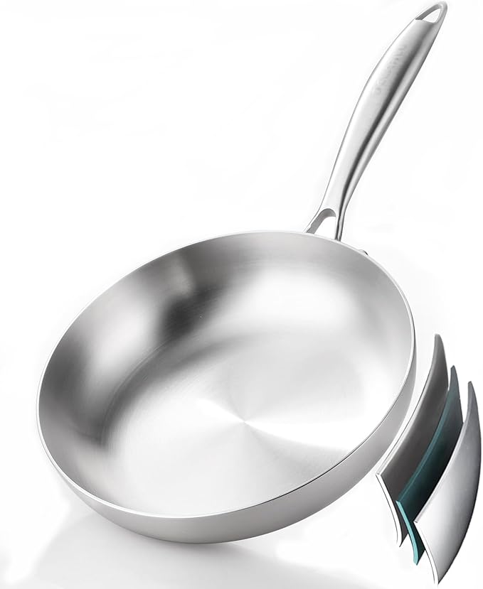 DELARLO Tri-Ply Stainless Steel Frying Pan 12" With Lid Kitchen Skillet
