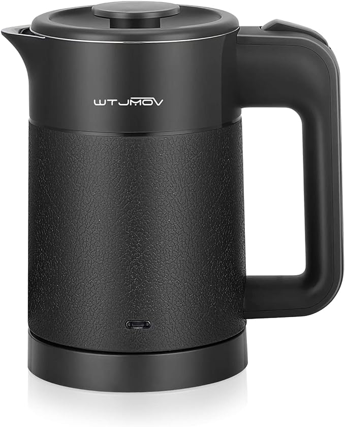 0.6L Small Electric Tea Kettle Lightweight, 20 Ounce Double Wall Hot Water Boiler Stainless Steel Auto Shut-off, 120V Portable Travel Electric Kettle Fast Boil for Tea and Coffee, Black