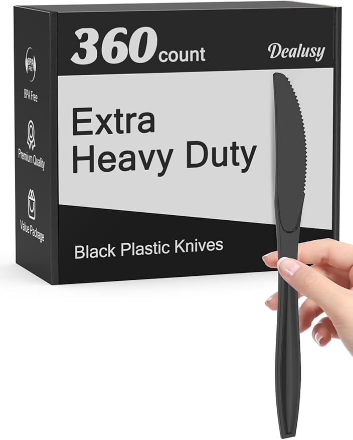 Dealusy 360 Count Extra Heavy Duty Black Plastic Knives Disposable, BPA-Free, Heat Resistant, Solid and Durable Disposable Knives Bulk, Premium Plastic Knives heavy duty for Party Supply