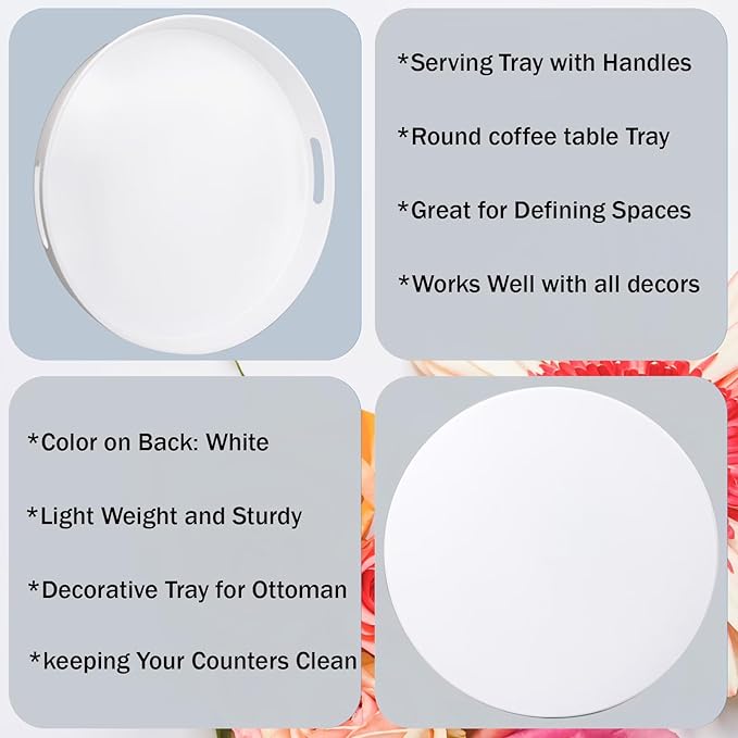 SforGUVA Round White Decorative Serving Tray with Handles, 13” Versatile Ottoman Tray for Coffee Table, Entertaining, Outdoor Patio, Living Room