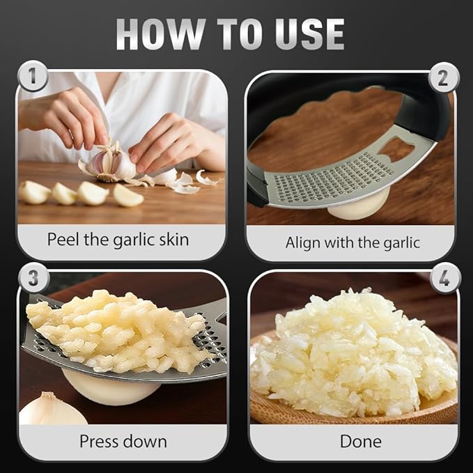 Stainless Steel Garlic Press Rocker, 2025 New Garlic Mincer and Garlic Crusher, Easy-Squeeze Garlic Tool with Peeler and Cleaning Brush for Smashing Garlic (A2-2Pcs)