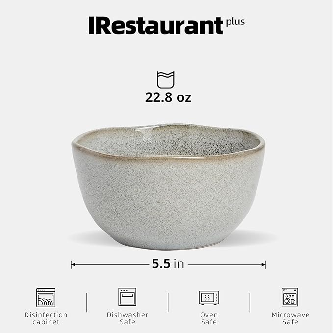 Organic Shape Highland Ceramic Cereal Bowl, 24pcs 5.5 Inch Handmade Reactive Glaze Stoneware Rice bowl with Wavy Edge, for Kitchen, Microwave & Dishwasher Safe, Scratch Resistant-grey