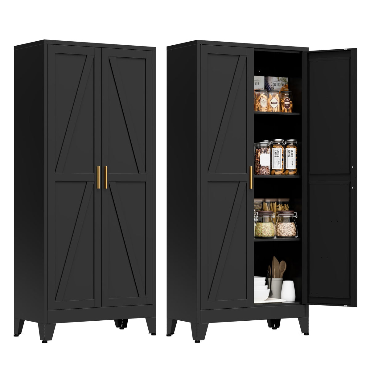 XIOMIOHTRQ 61" Tall Metal Pantry Cabinet, Kitchen Storage Cabinet with 2 Doors and 3 Adjustable Shelves for Kitchen, Living Room, Dining Room, Bathroom and Home, Office