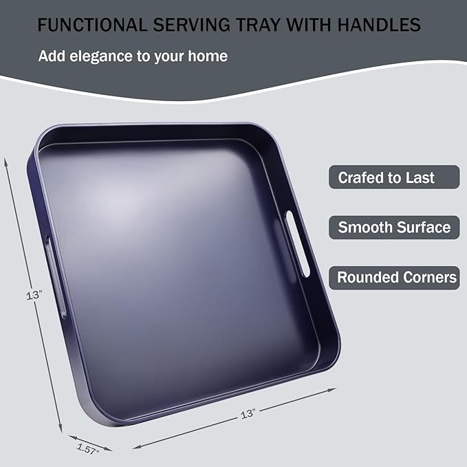 SforGUVA Square Navy Blue Decorative Serving Tray with Handles, Versatile Ottoman Tray for Coffee Table, Entertaining, Outdoor Patio, Living Room, 13”*13”*1.6”