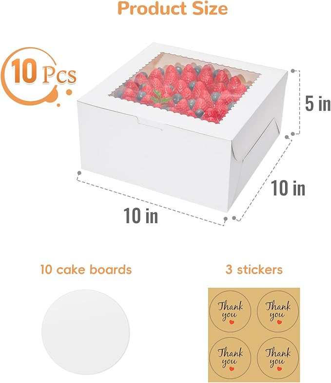 EQOREIIN 10Pack 10 inch Small Cake Boxes with Cake Board and Stickers