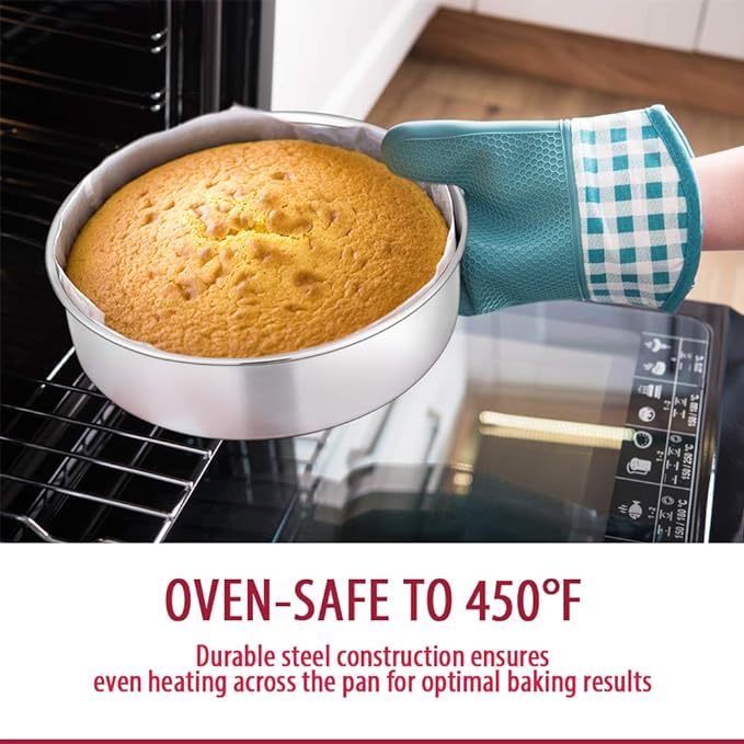 E-far 8 Inch Cake Pan Set of 2, Stainless Steel Round Layer Cake Baking Pans, Non-Toxic & Healthy, Mirror Finish & Dishwasher Safe
