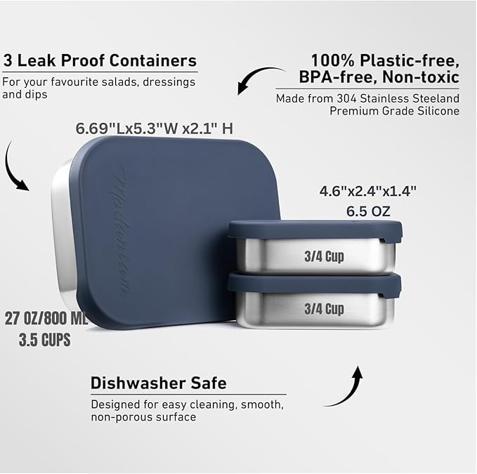 Modaniam Flexibento - Leak proof Stainless Steel Lunch Box | Stainless steel bento box | Lunch Containers with Lids Meal prep| Snack Containers |Metal lunch Box|Small|1 * 27 oz + 2 * 6.5oz