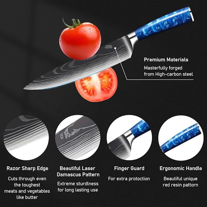 FIVE COWS 8-Piece Premium Japanese Kitchen Knife Set - Star Collection, Laser Damascus Pattern, 440A Stainless Steel Ultra Sharp for Fast Cutting (Blue 8J)