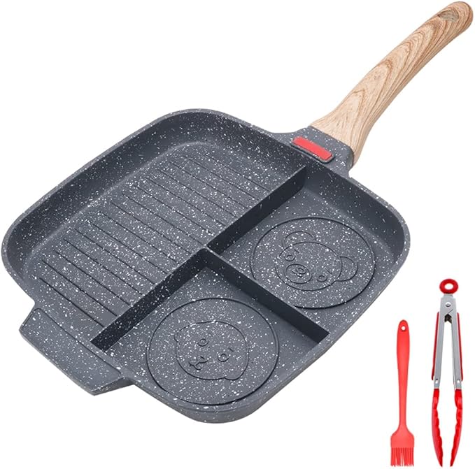 Bobikuke 3 in 1 Grill Pan for Stove Tops with Detachable Handle, Nonstick Versatile Griddle Divided Pan, Square Skillet PFOA Free