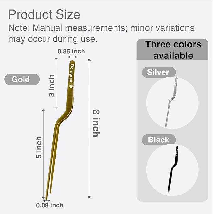 Bonigour 8 Inch Precision Offset Tweezers, Kitchen Culinary Stainless Steel Tongs, Curved Kitchen Cooking Multi-function Chef Precision Tweezer Tongs for Plating, Food Decorating and ect (Gold)