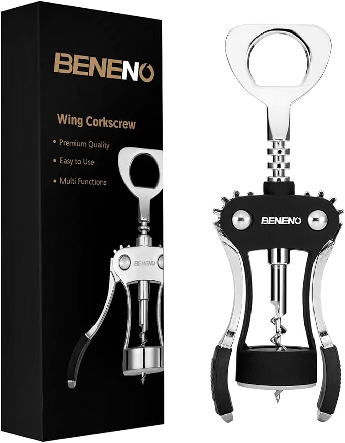 Beneno Premium Classic Wing Corkscrew Wine Opener and Bottle Opener, Black