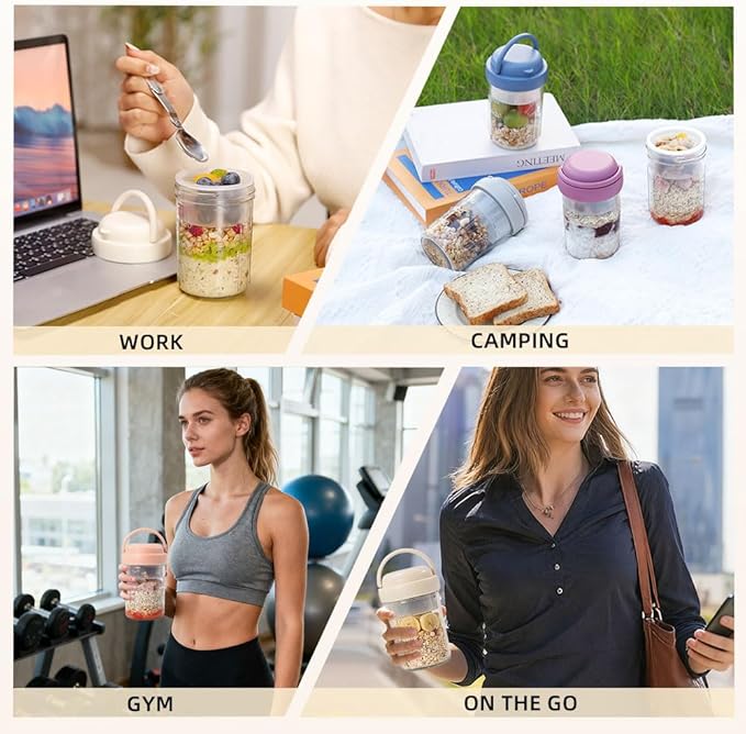 UWILLION 4 Pack Overnight Oats Containers with Handles, 16 oz Glass Mason Jars with Lids, Folding Spoons & Topping Compartments, Yogurt Parfait Cups for Weekly Meal Prep, Chia Pudding & Snacks