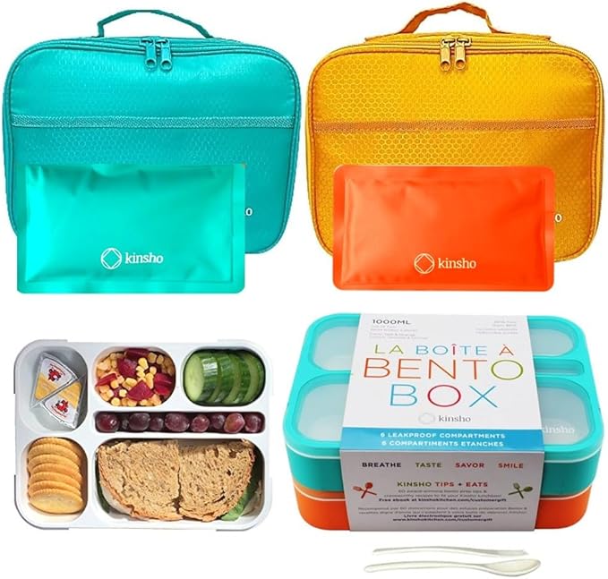 kinsho Bento Lunch Box, Ice Pack Insulated Bag for Kids Boys, Teal + Orange