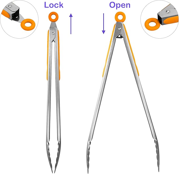 304 Stainless Steel Kitchen Cooking Tongs, 14 & 16 Inch, Set of 2, Orange