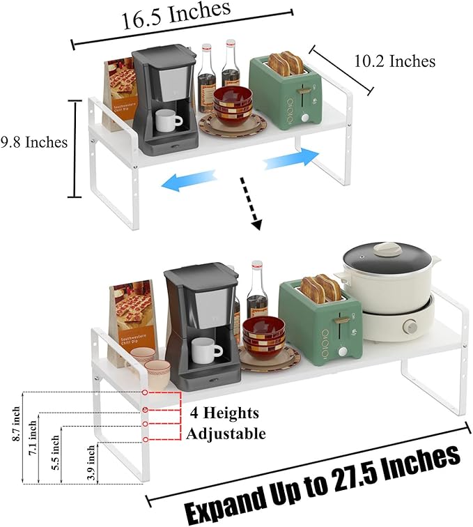 GEDLIRE Expandable Kitchen Cabinet Shelf Organizers, Stackable Metal Pantry Storage Shelves Rack, Adjustable Counter Spice Shelf for Cabinets, Countertop, Cupboard Organizers and Storage, White