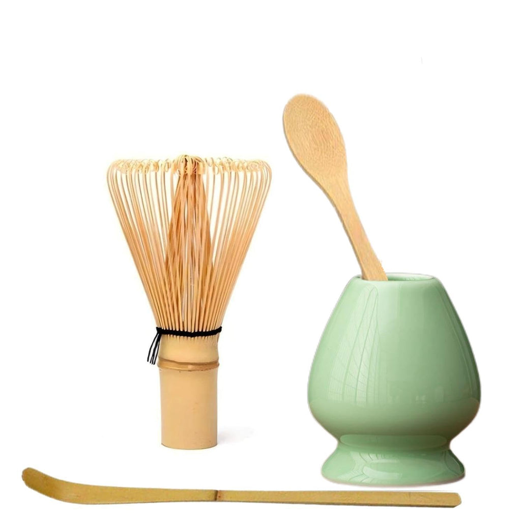 Matcha Tools ，Matcha Whisk Holder， Matcha Chasen Whisk Stand ，Ceramic Holder ，Matcha Bowl ，Traditional Japanese Tea Ceremony Starter (Fruit Green Ceramic Holder，Whisk ， 4 set)