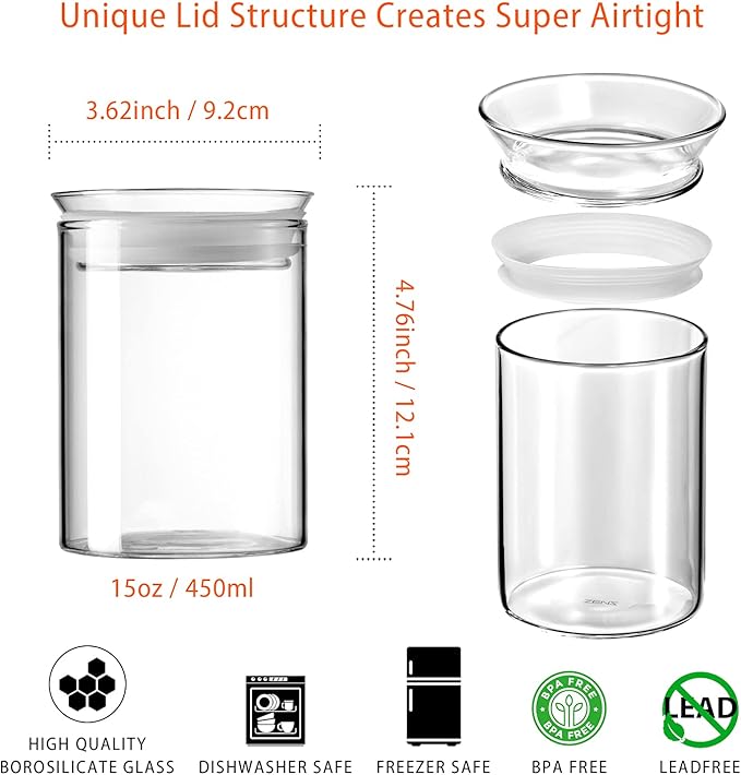 ZENS 15oz Glass Jars with Airtight Lid, Set of 2 Small Glass Storage Jars