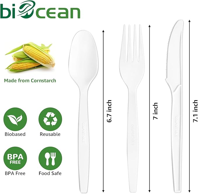 Biocean Extra Heavyduty Compostable Spoons [500 Count,6.7In] Disposable Cutlery No Plastic Spoons Large Biodegradable Utensils Eco Friendly Silverware for Party,BBQ,Daily Use [With Tote]