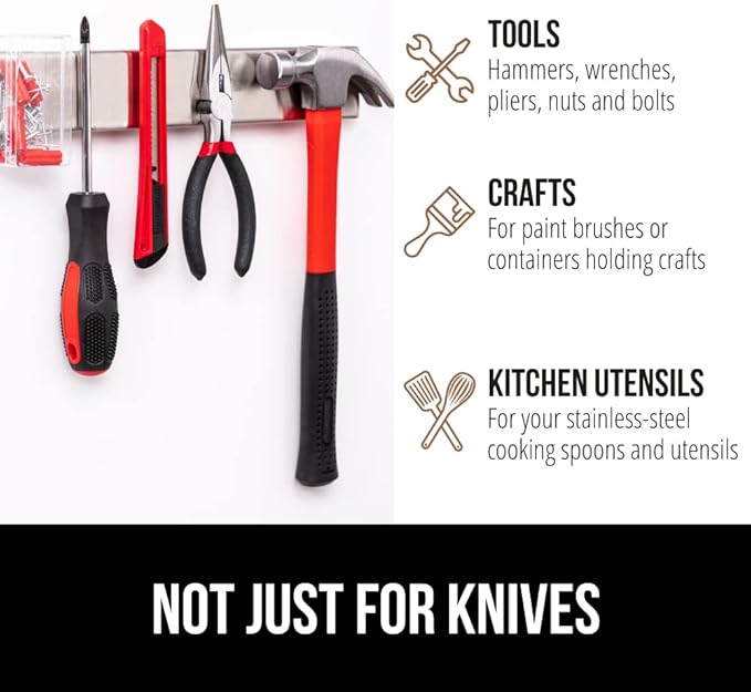 GORILLA GRIP 304 Stainless Steel Heavy Duty Magnetic Knife Holder, 16 Inch Strip, Secure Wall Mounted Bar for Knives, Tools, Holds Up to 6 lbs, Kitchen Organizer, Easy Installation, Screws Included