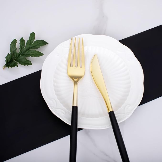I00000 60 Pcs Black Plastic Cutlery Set, Gold Utensils with Black Handle