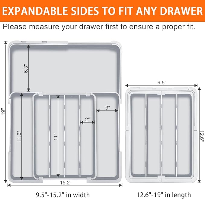 Spaclear Silverware Drawer Organizer Tray, Adjustable Cutlery Storage for Kitchen, Expandable Flatware and Utensil Holder Divider for Spoons Forks Knives Tableware, 15 x 19, 4-7 Slots, Gray