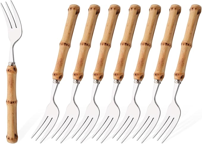 Uniturcky 8 PCS Small Fork, 6.3 Inches Stainless Steel Dessert Forks with Bamboo Handle, Kitchen Flatware Cutlery Set, Use for Tasting Cakes Fruits and Appetizer, Mirror Polished