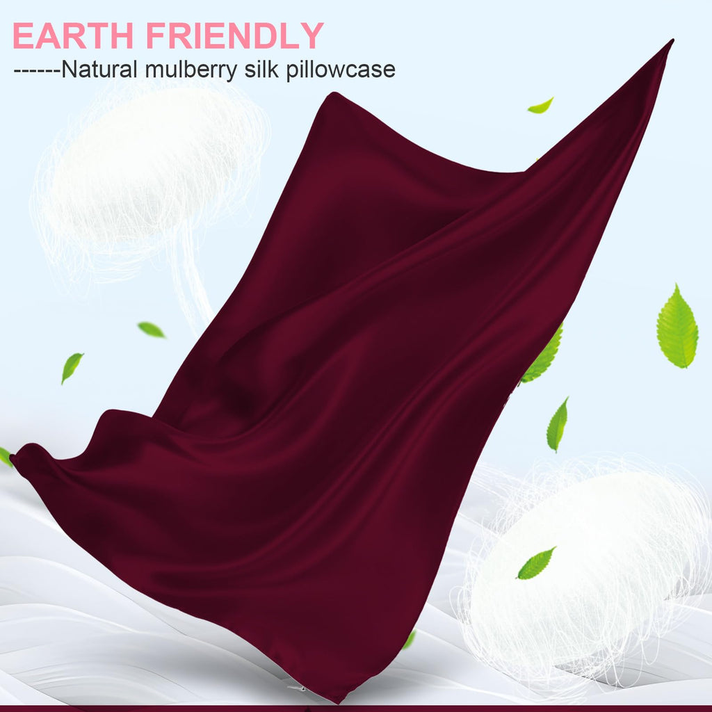 Silk Pillow Cases 2 Pack King Size with Hidden Zipper, Mulberry Silk Pillowcase for Hair and Skin, Smooth and Soft Breathable Cooling Silk Satin Pillowcase Set of 2, Gifts for Women，Burgundy Red