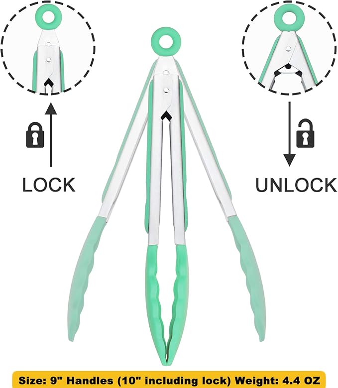 HINMAY 9" Kitchen Cooking Tongs with Silicone Tips, Set of 3 (Mint)