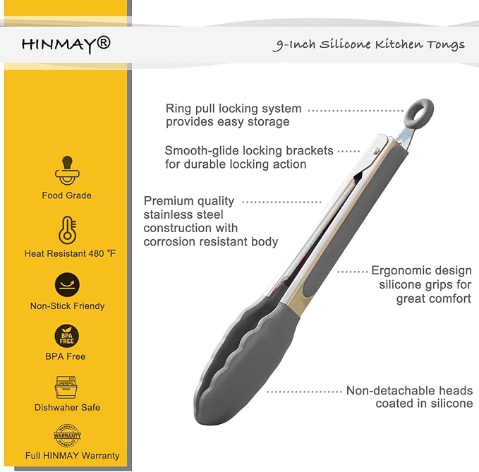 HINMAY Locking Kitchen Tongs with Silicon Tips 9-Inch, Set of 3 (Gray)