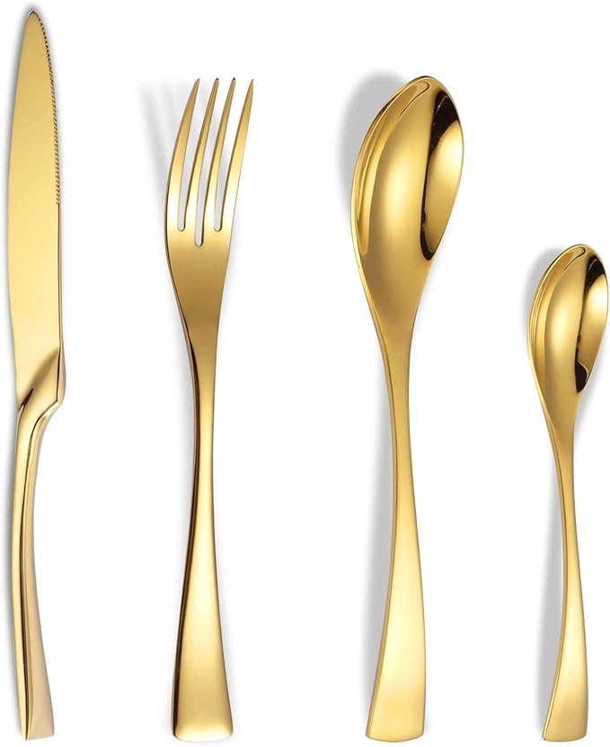 Lemeya 24 Pieces Gold Silverware Set for 6,Heavy Duty 18/10 Stainless Steel Flatware Set with Forged Stand Knife,Modern Cutlery Utensil Set,Mirror Polished,Dishwasher Safe