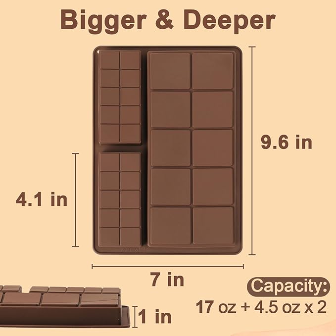 Dacthuw Chocolate Bar Mold, 1 Inch Deep Chocolate Molds Silicone for Homemade Dubai Pistachio/Candy/Snacks, 2 Pcs Large Silicone Molds with Three Bars Cavities, Food Grade and Break Apart