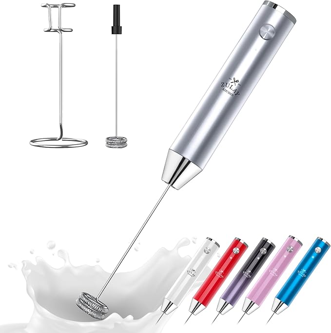 Zulay Kitchen Rechargeable Milk Frother Handheld - Frother Wand, Drink Mixer, Electric Whisk Frother, for Cappuccinos, Matcha & Protein Powder - Lux 4 Whisk 2 Speed Waterproof 2000mAh Silver
