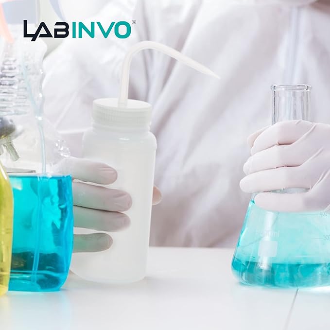LABINVO 6pcs of Economy Wash Bottles, Vol.500ml (17oz), Wide-Mouth, Self-Venting Safety Wash Bottles, LDPE Material, IN-WBW500